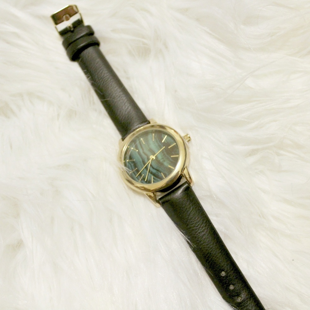 Marble Face Green Teal Black Faux Leather Watch